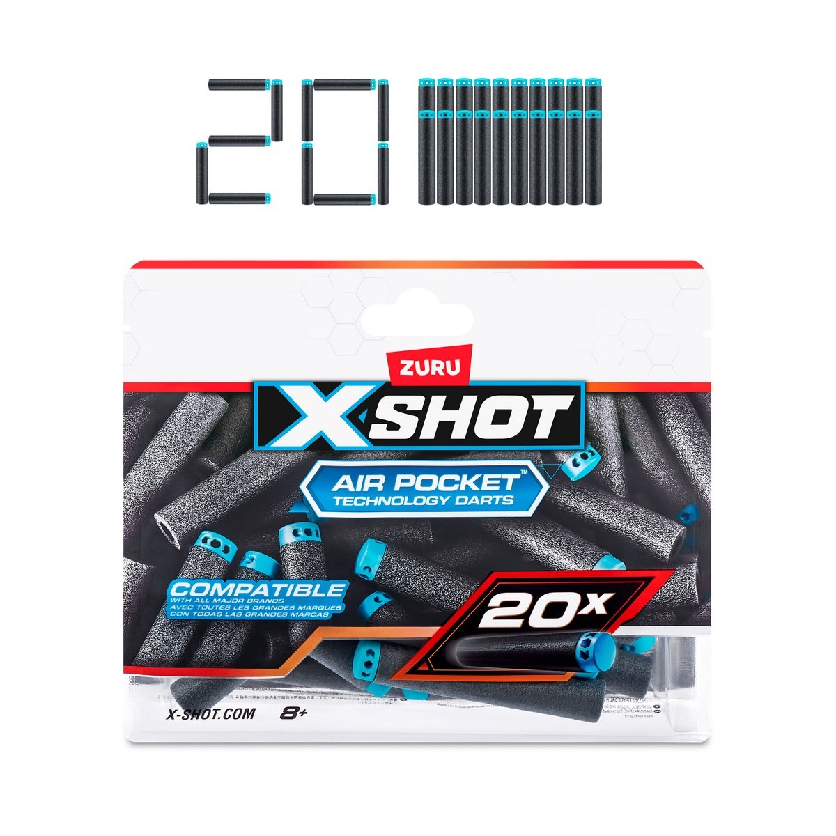 Pack de 20 dardos negros con punta azul X-Shot Zuru en empaque plástico